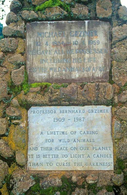 Memorial plaques for Michael Grzimek and his father Professor Bernhard Grzimek on the edge of the Ngorongoro Crater, Tanzania, Africa, June 2000, vintage, retro, old, historic