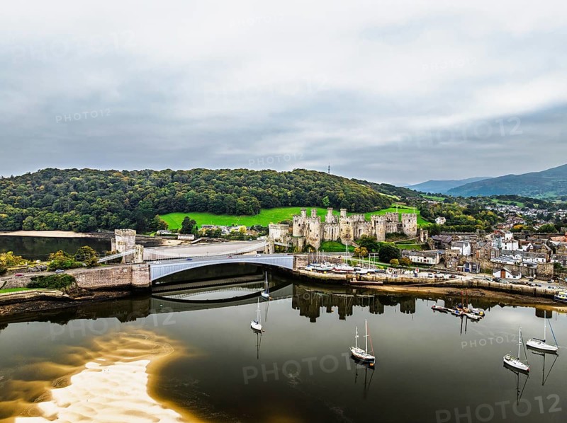 Conwy Castle over River Convy from a drone, Convy, North Wales, England, United Kingdom