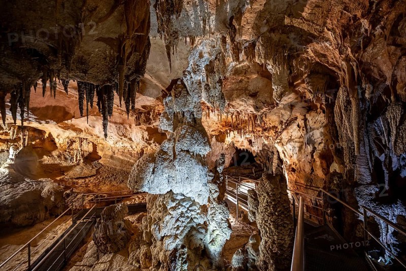 Stalactites and stalagmites, rock formations in a stalactite cave, Grotta del Fico, Gulf of Orosei, Baunei, Sardinia, Italy