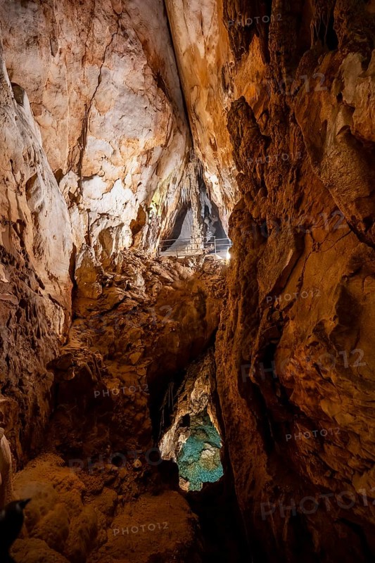 Stalactites and stalagmites, rock formations in a stalactite cave, seawater penetrates the cave through underground access, Grotta del Fico, Gulf of Orosei, Baunei, Sardinia, Italy