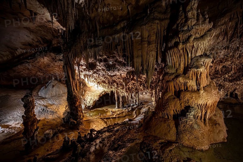 Stalactites and stalagmites, rock formations in a stalactite cave, Grotta del Fico, Gulf of Orosei, Baunei, Sardinia, Italy