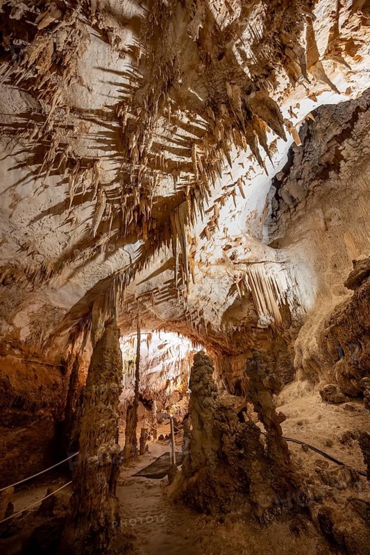 Stalactites and stalagmites, rock formations in a stalactite cave, Grotta del Fico, Gulf of Orosei, Baunei, Sardinia, Italy