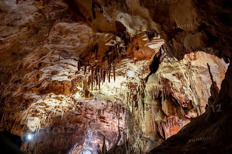 Stalactites and stalagmites, rock formations in a stalactite cave, Grotta del Fico, Gulf of Orosei, Baunei, Sardinia, Italy