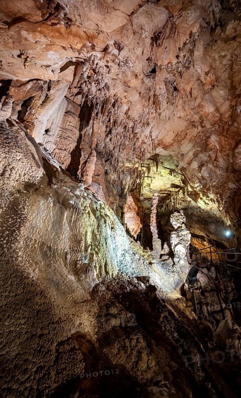 Stalactites and stalagmites, rock formations in a stalactite cave, Grotta del Fico, Gulf of Orosei, Baunei, Sardinia, Italy