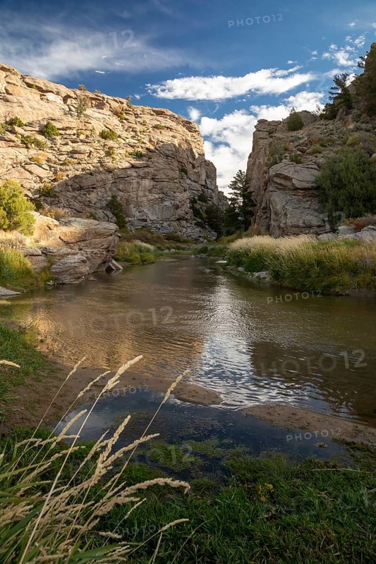 Alcova, Wyoming - Devil's Gate, a canyon cut through solid rock by the Sweetwater River. Emigrants on the Oregon Trail, Mormon Trail, and California Trail passed this way in the mid-19th century