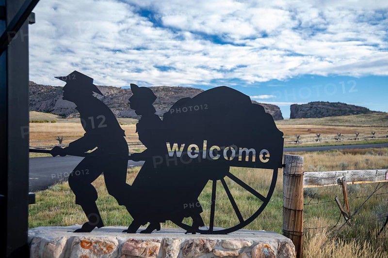 Alcova, Wyoming - The Mormon Handcart Historic Site. Emigrants on the Mormon Trail passed this site on their way to Utah in the mid-19th century. In the distance is Devil's Gate, a gorge cut in solid rock by the Sweetwater River