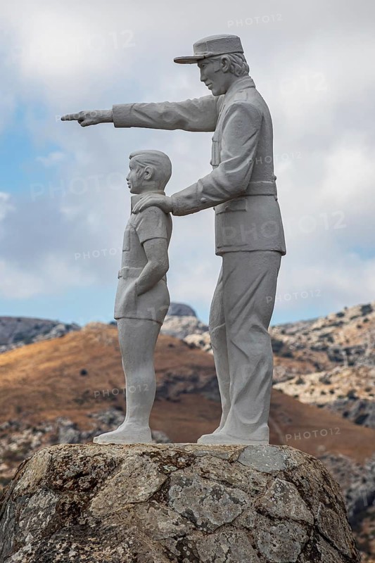 Statues at viewpoint Mirador del Guarda Forestal, at mountain road from Ronda to El Burgo, mountain range Sierra de las Nieves, Parque Nacional Sierra De Las Nieves, Andalusia, Spain