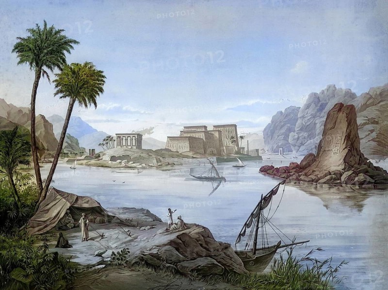 The Temple of Isis on Philae is an important ancient Egyptian archaeological site located today on the island of Agilkia near Aswan, Egypt, authentic reproduction of a school mural, historic, around 1900