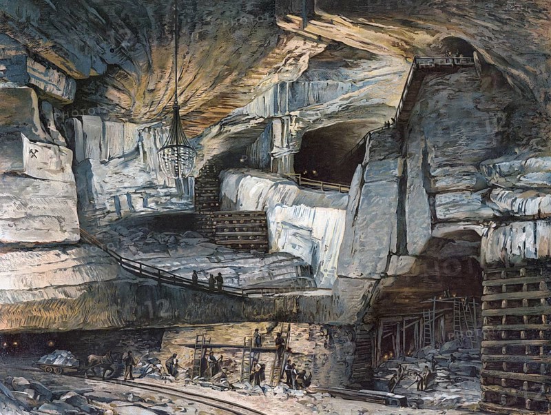 Wieliczka Salt Mine in the southern Polish town of Wieliczka (German: Groß Salze) is one of the oldest and most famous salt mines in the world, Poland, authentic reproduction of a school mural, historical, around 1900