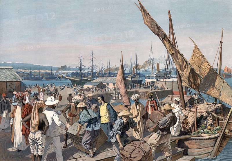 Dealer in the port of Singapore, authentic reproduction of a school mural, historic, around 1900