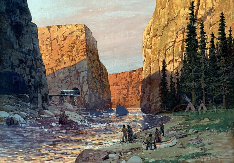 Indians with a canoe by the river, in the background the Canadian Pacific Railway, Canada, authentic reproduction of a school mural, historic, around 1900