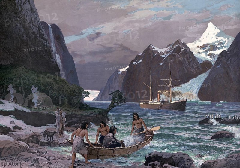 Locals with a boat and a steamer on their way through the Strait of Magellan, a strait with numerous islands and branches between the South American mainland and southern islands, primarily the island of Tierra del Fuego, authentic reproduction of a school mural, historic, around 1900