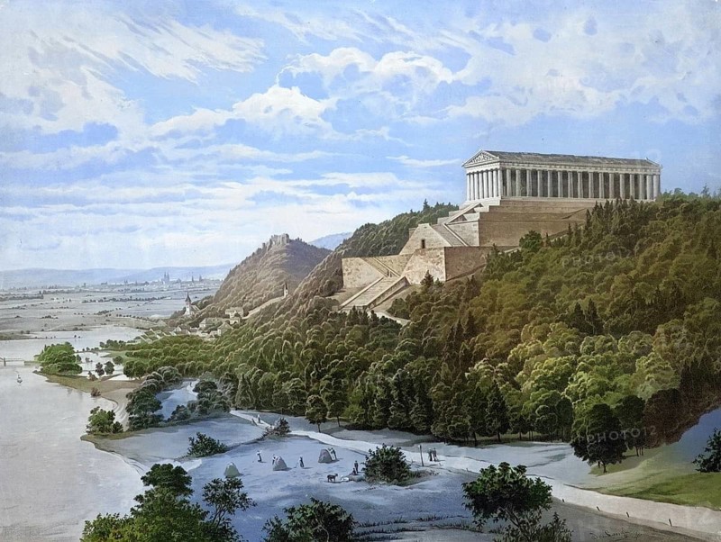 Walhalla is a memorial on the Bräuberg in the Bavarian market in Donaustauf. It was built between 1830 and 1842 by King Ludwig I of Bavaria by architect Leo von Klenze, authentic reproduction of a school wall painting, historic, around 1900