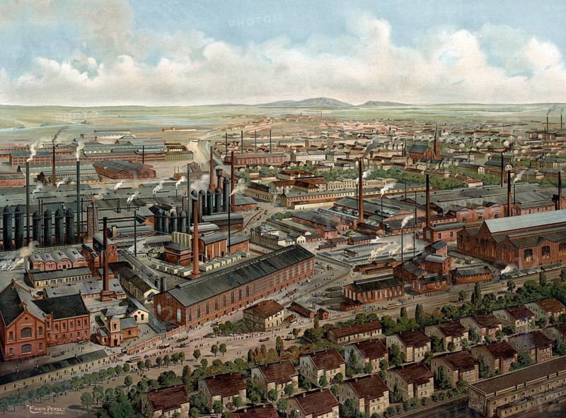 Factory buildings of an industrial plant, steel industry, Austria, authentic reproduction of a school mural, historical, around 1900