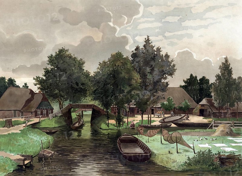 Giethoorn, fishermen on a canal, eel traps, Holland, authentic reproduction of a school mural, historical, around 1900