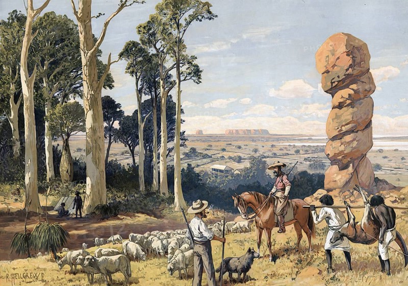 Shepherd with flock of sheep and natives with hunting prey, scene from the outbacks in Australia, authentic reproduction of a school mural, historic, around 1900