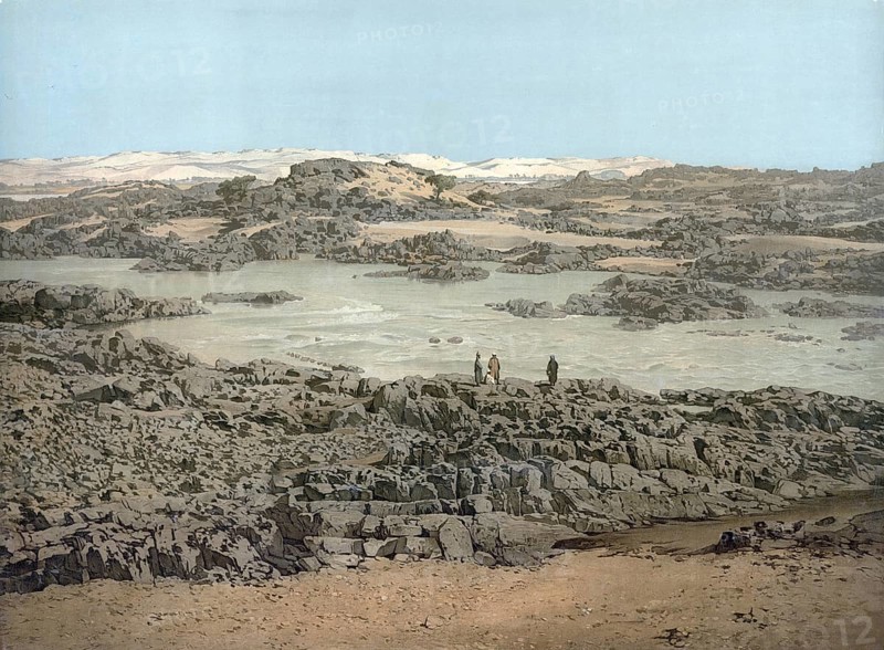 The Nile Valley near Asuan with rapids, Aswan, Egypt, authentic reproduction of a school mural, historic, around 1900