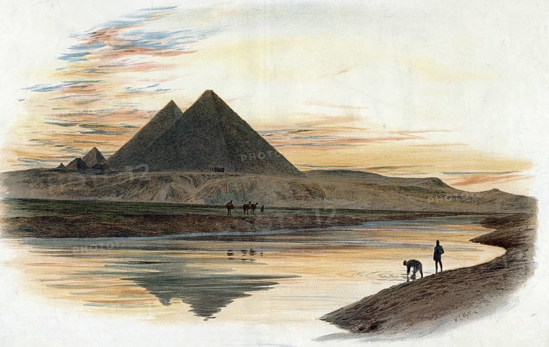 The pyramids of Giza, Egypt, authentic reproduction of a school mural, historical, around 1900