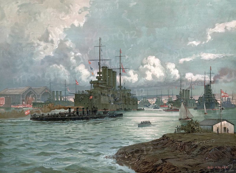 Austrian Navy, the Pola Naval Base, Pula, today Croatia, authentic reproduction of a school mural, historic, around 1900
