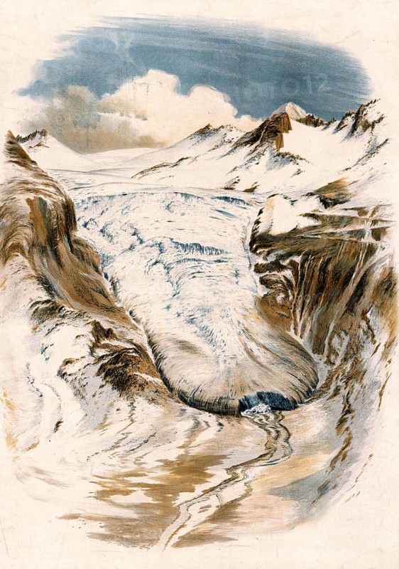 The Rhone Glacier is a valley glacier in the headwaters of the Rhone in the extreme northeast of the canton of Valais in the central Alps of Switzerland, authentic reproduction of a school mural, historic, around 1900