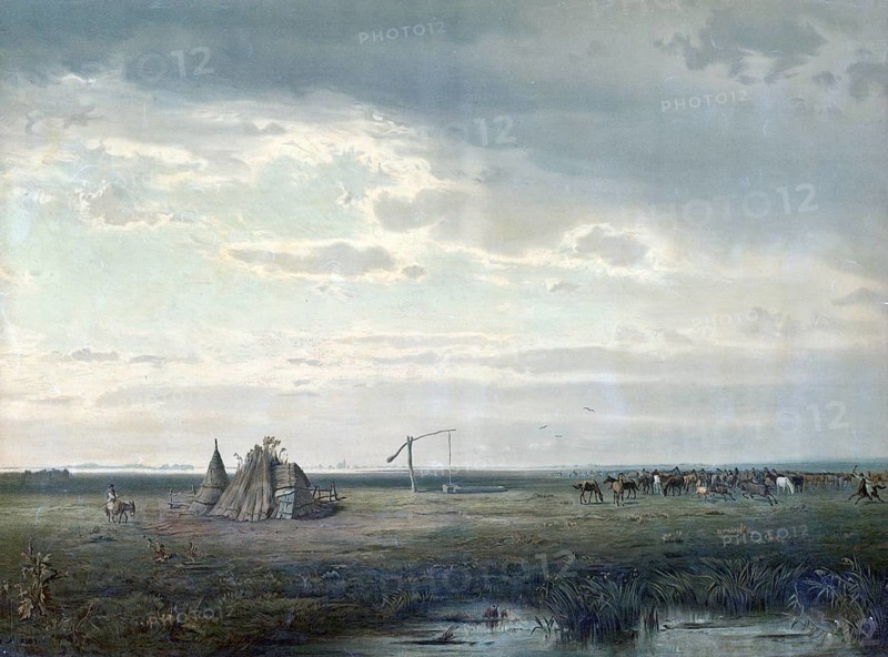 Fountain in the Puszta, Horse Herd, Hungary, authentic reproduction of a school mural, historic, around 1900