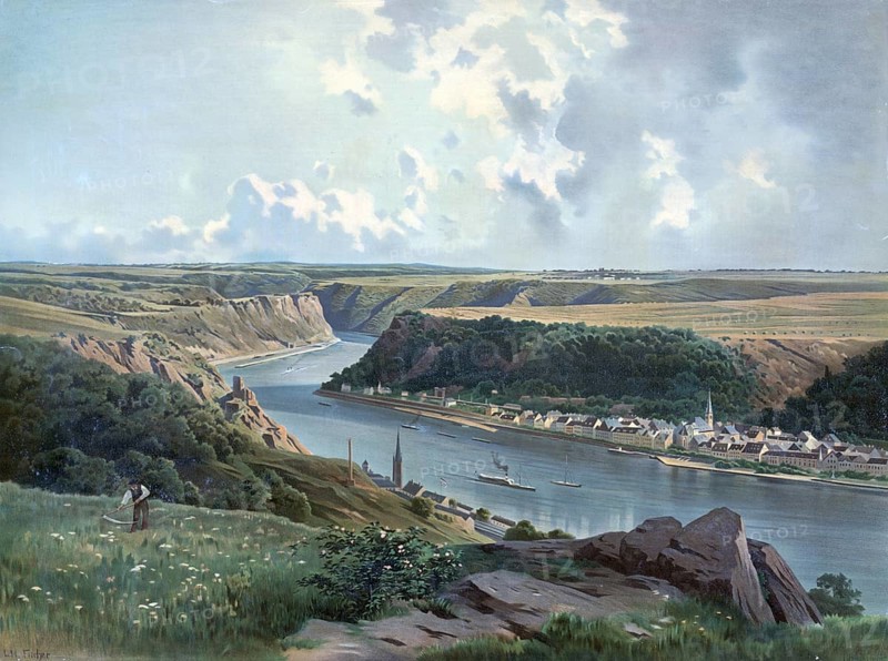 The Rhine near St. Goar, Rhineland-Palatinate, Germany, authentic reproduction of a school mural, historical, around 1900