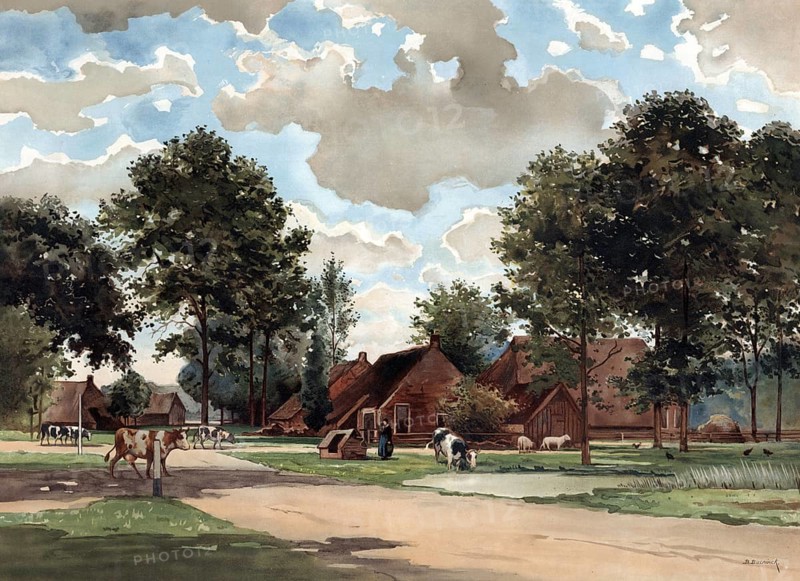 Eext is a village within the municipality of Aa en Hunze in the Dutch province of Drenthe, authentic reproduction of a school mural, historic, around 1900