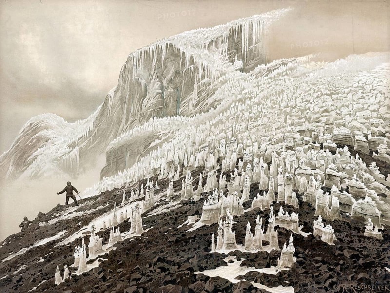 Penitent, penitent snow or zag firn, snow and ice pyramids, at Chimborazo, west side, Ecuador, authentic reproduction of a school mural, historical, around 1900