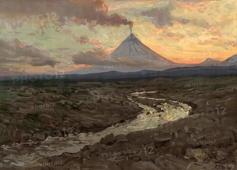 Active volcano on Kamchatka, peninsula in northeast Asia, Russia, authentic reproduction of a school mural, historic, around 1900