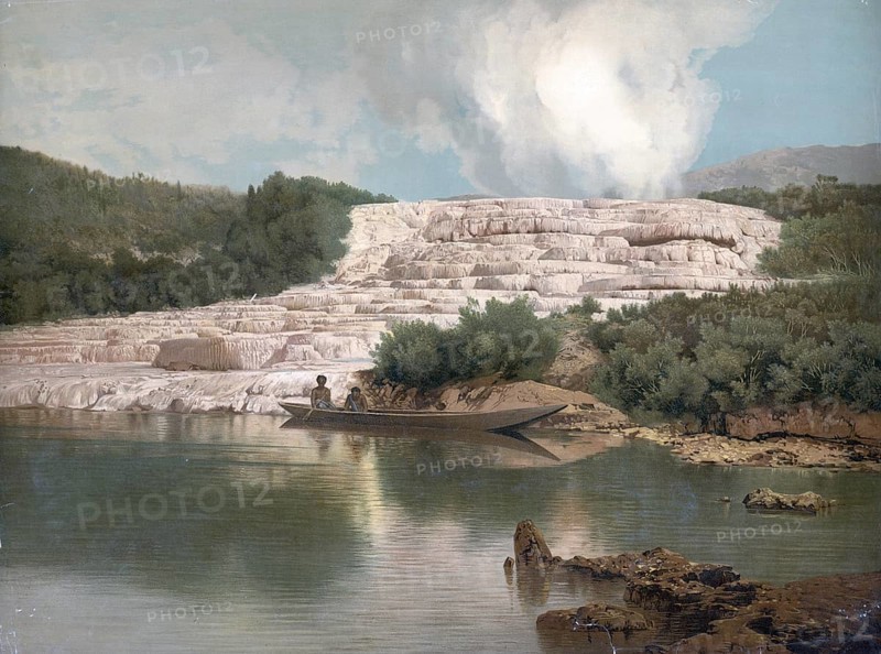 The Pink and White Terraces, Maori Otukapuarangi were a formation of sintered terraces in the Bay Of Plenty region of New Zealand and were considered a natural wonder until they were buried by a volcanic eruption on June 10, 1886, authentic reproduction of a school mural, historic, around 1900