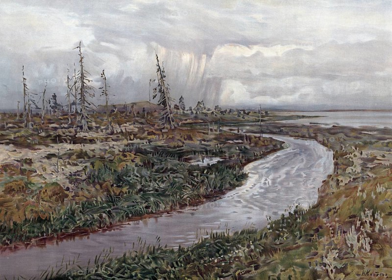 Tundra landscape in Siberia, Russia, authentic reproduction of a school mural, historical, around 1900