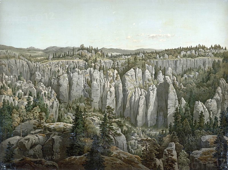 Weckelsdorf rock town, Teplické skály, impressive nature reserve of huge sandstone formations near the town of Teplice nad Metují in the Czech Republic, authentic reproduction of a school mural, historic, around 1900
