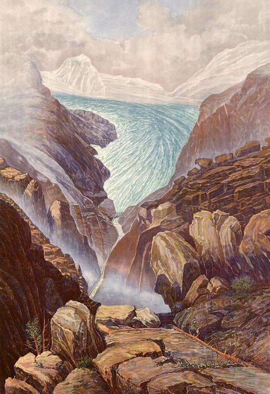 The source of the Rhine, Lake Toma in the canton of Grisons as a source of the Rhine, Switzerland, authentic reproduction of a school mural, historic, around 1900