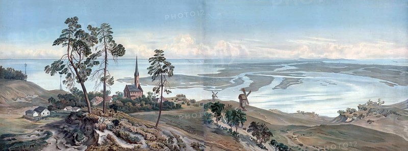 The Szczecin Lagoon, also known as Oderhaff and Pomeranian Lagoon, an inner coastal body of water in the Oder and Peene estuary, is the second-largest lagoon in the Baltic Sea, authentic reproduction of a school wall painting, historic, around 1900