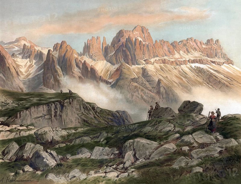 Rosengarten rock group in the Dolomites, South Tyrol, Italy, authentic reproduction of a school mural, historic, around 1900