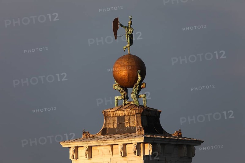 Dogana da Mar, moving wind vane of Fortuna on a gilded globe carried by atlases, Venice, Veneto, Italy