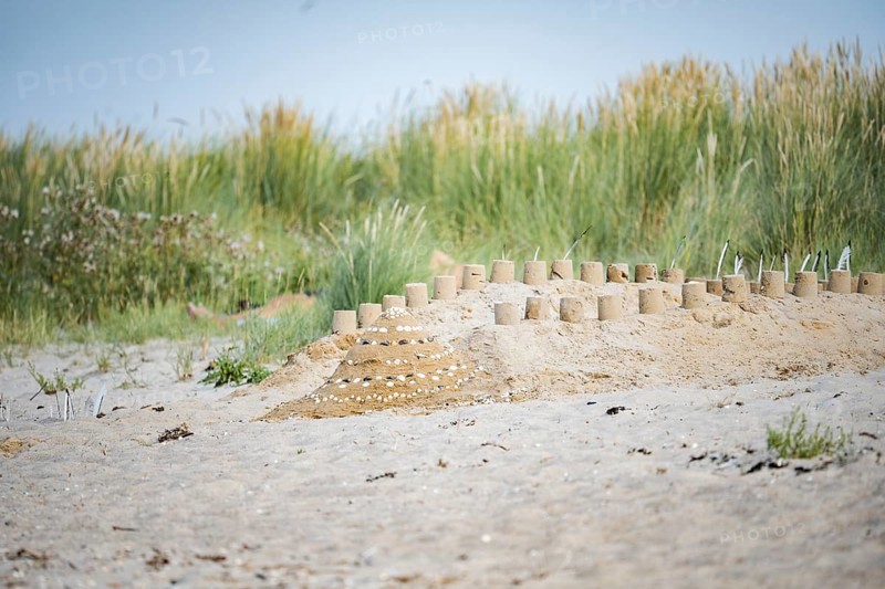 Sandcastle on the beach, small sandcastle in the foreground in front of overgrown dunes with beach grass, bright daylight under blue sky and quiet, summery coastal atmosphere, Schillig, Lower Saxony, Germany