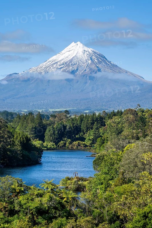 Lake Mangamahoe with views of Mount Taranaki. Egmont National Park, Taranaki Region, North Island, New Zealand