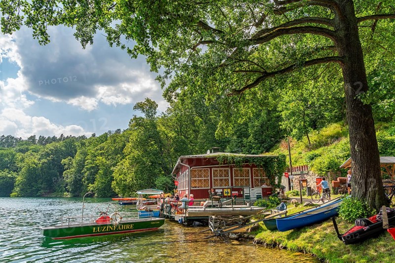 Ferry station, canoe rental and café on Lake Schmaler Luzin, Hullerbusch Nature Reserve, Feldberg Lake District, Mecklenburg Lake District in Mecklenburg-Western Pomerania, Germany