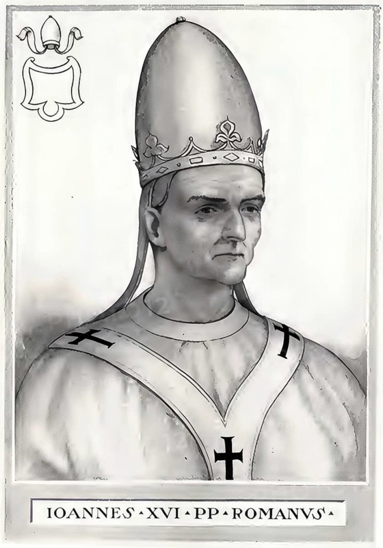 John XVI (born in Rossano, died 26 August 1001 in Rome), with the secular name John Philagathos (Middle Greek ??????? F????a???), was antipope to Pope Gregory V from 997-998, Historical, authentic, digitally restored reproduction from a 19th century original, Record date not stated