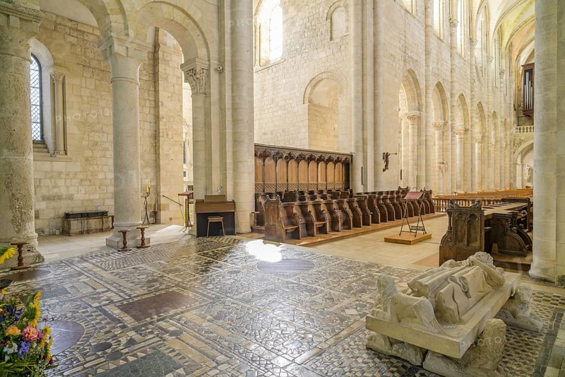 Tomb slab of Philip I and marble floor in opus sectile technique (Latin cut work), Abbey of Fleury, Saint-Benoît-sur-Loire, Département Loiret, France