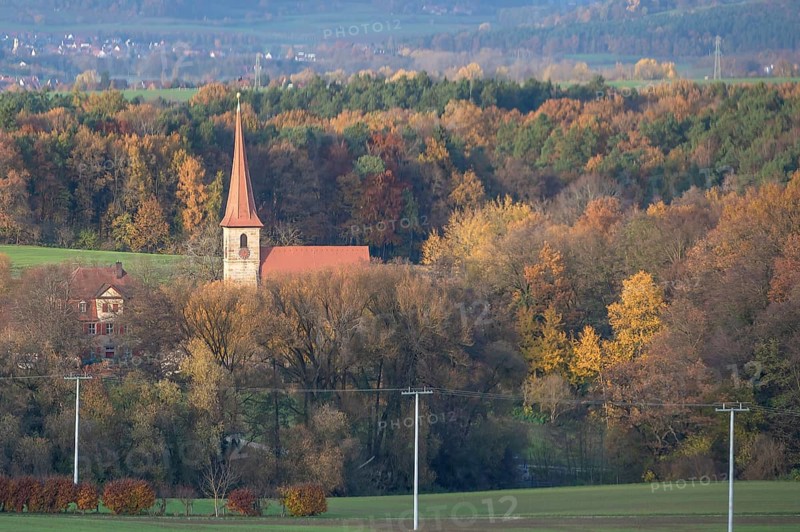 Autumn landscape with St. Egidien church, Beerbach, Middle Franconia, Bavaria, Germany