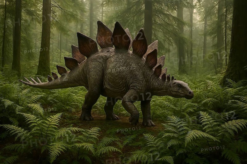 A dinosaur, a stegosaurus, runs through a prehistoric forest, symbol fossil, extinct, prehistoric, dinosaur, prehistoric, AI generated
