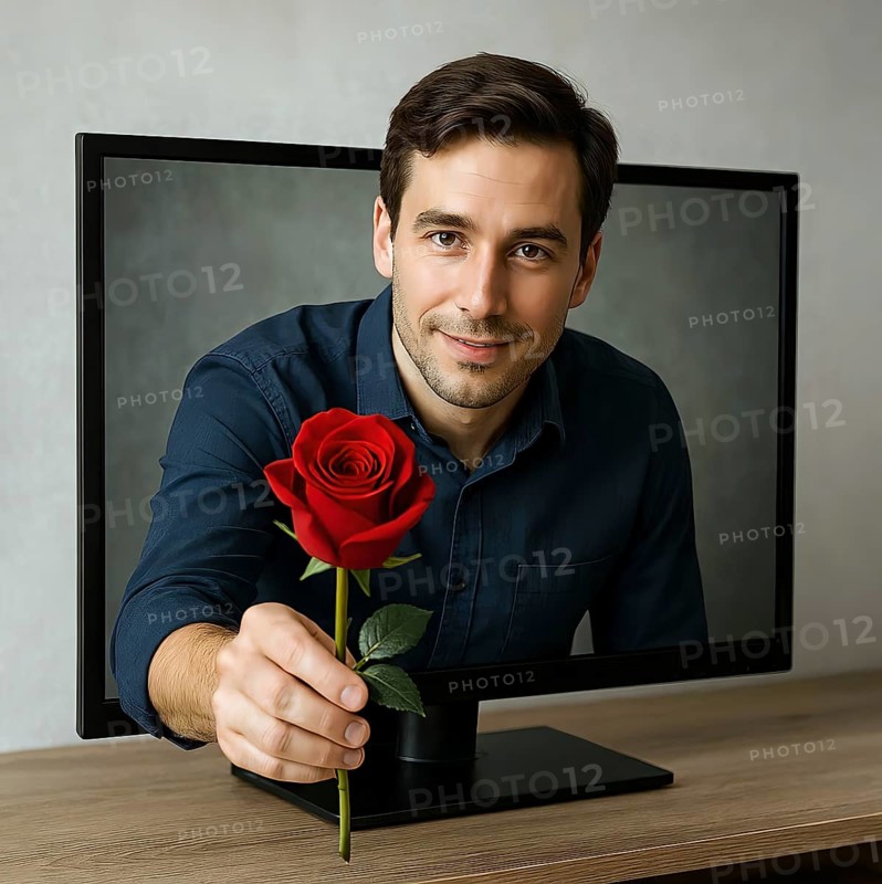 A man looks out of a television monitor with a rose in his hand, symbolic image fantasy, television, picture tube, flat screen television, unreal, imagination, illusion, unreal, pipe dream, wish, illusion, vision, dreaming, AI generated