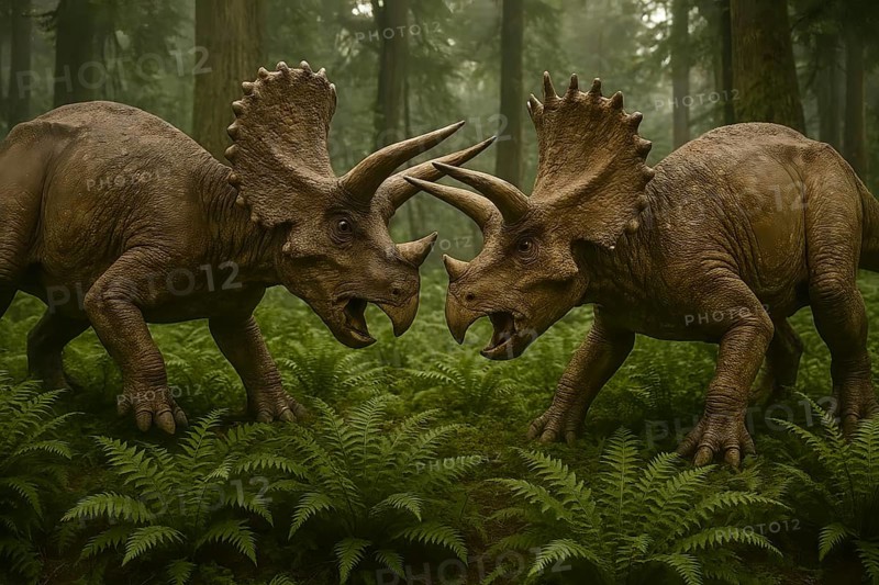 Two dinosaurs, two triceratops, with threatening gestures in a prehistoric forest, symbol fossil, extinct, prehistoric, dinosaur, prehistoric period, threat, threaten, fight, territory, turf, AI generated