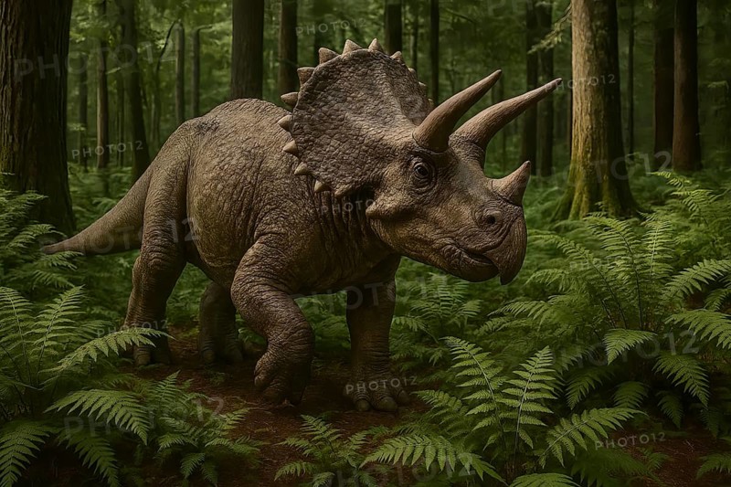 A dinosaur, a triceratops, runs through a prehistoric forest, symbol fossil, extinct, prehistoric, dinosaur, prehistoric, AI generated