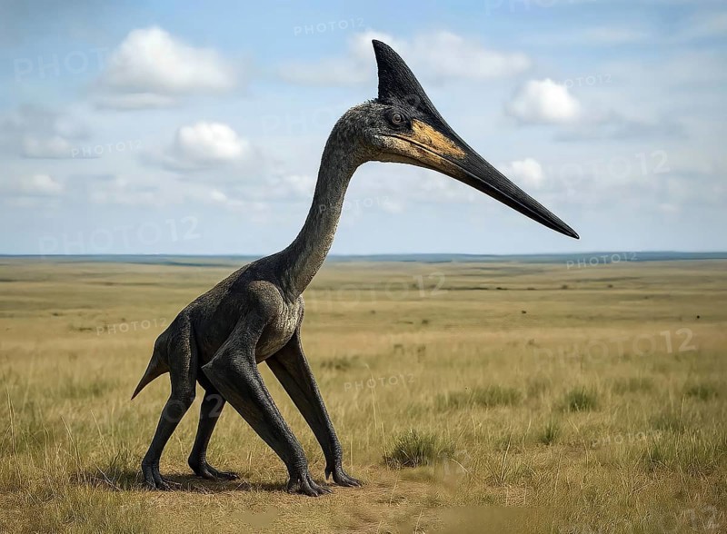 A dinosaur, a Quetzalcoatlus, in the prehistoric steppe, fossil, extinct, prehistoric, Cretaceous, dinosaur, lizard, prehistoric period, paleontology, reptile, pterosaur, AI generated