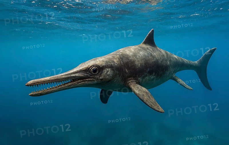 A dinosaur, an ichthyosaur in ocean water, fossil, extinct, prehistoric, Cretaceous, dinosaur, lizard, prehistoric period, paleontology, reptile, marine dinosaur, fish dinosaur, AI generated