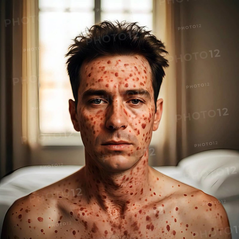 Portrait, man with measles, symbolic picture sick, illness, contagious, health, infection, health care, viruses, vaccination, infectious disease, measles virus, diagnosis, AI generated