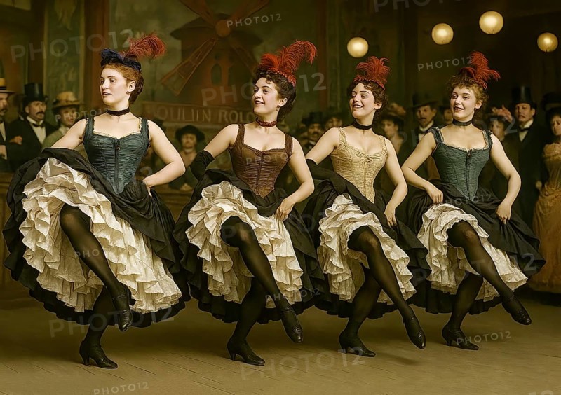 Dancers dancing the cancan in the Parisian restaurant Moulin Rouge, symbolic image dance, dance hall, Henri de Toulouse-Lautrec, French, pleasure, rhythmic, dancing, joy, Montmartre, AI generated